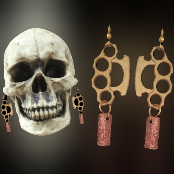 Pink glitter 22 bullet casing  brass knuckle dangle punk rock ammo earrings NWT - Picture 1 of 17